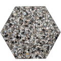 Glossy black terrazzo hexagon tile with amber pearl flecks 9x8 inches