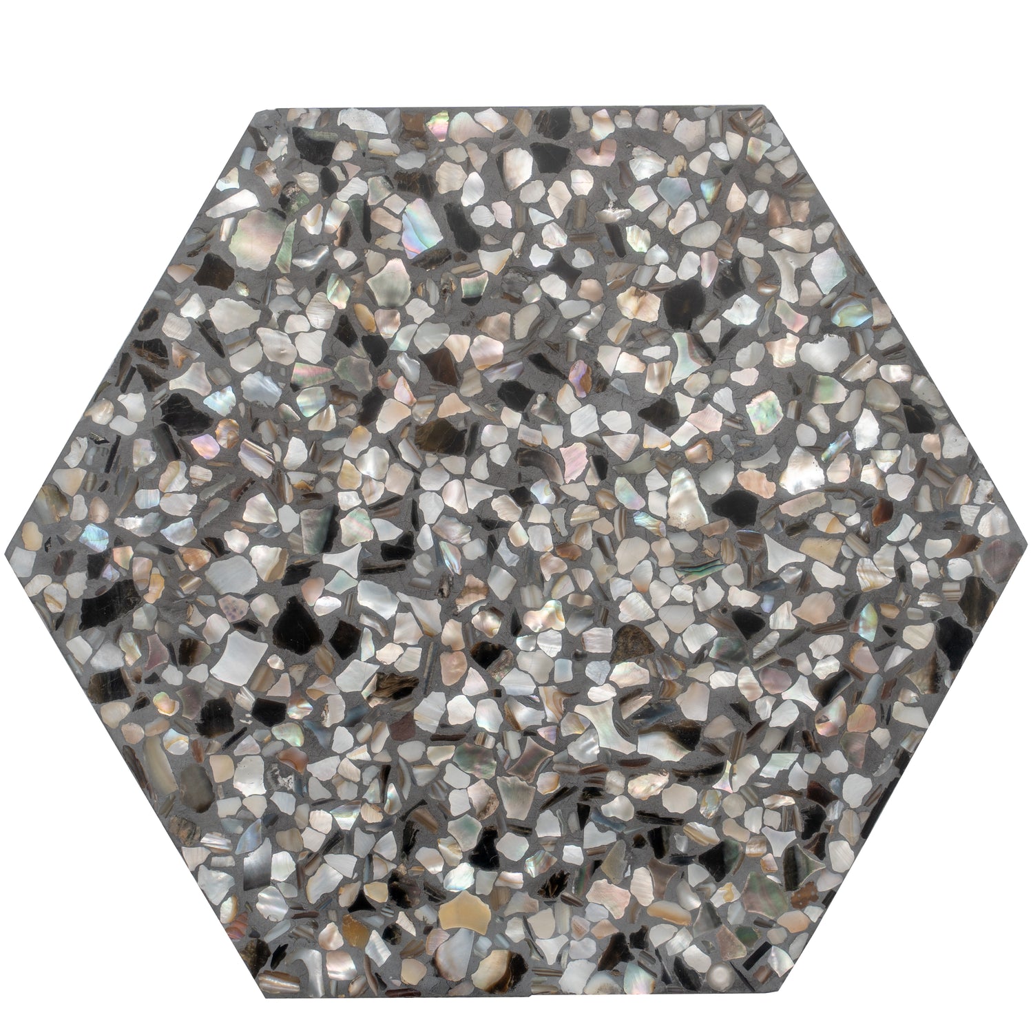 Glossy black terrazzo hexagon tile with amber pearl flecks 9x8 inches