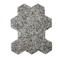 Glossy black terrazzo hexagon tile with amber pearl flecks and shell accents 9x8 inches
