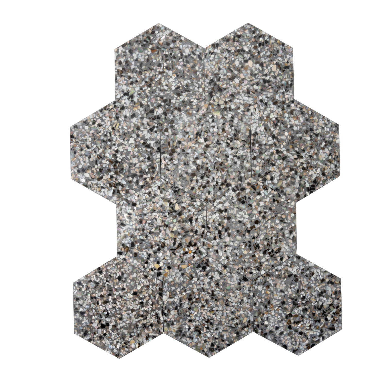 Glossy black terrazzo hexagon tile with amber pearl flecks and shell accents 9x8 inches