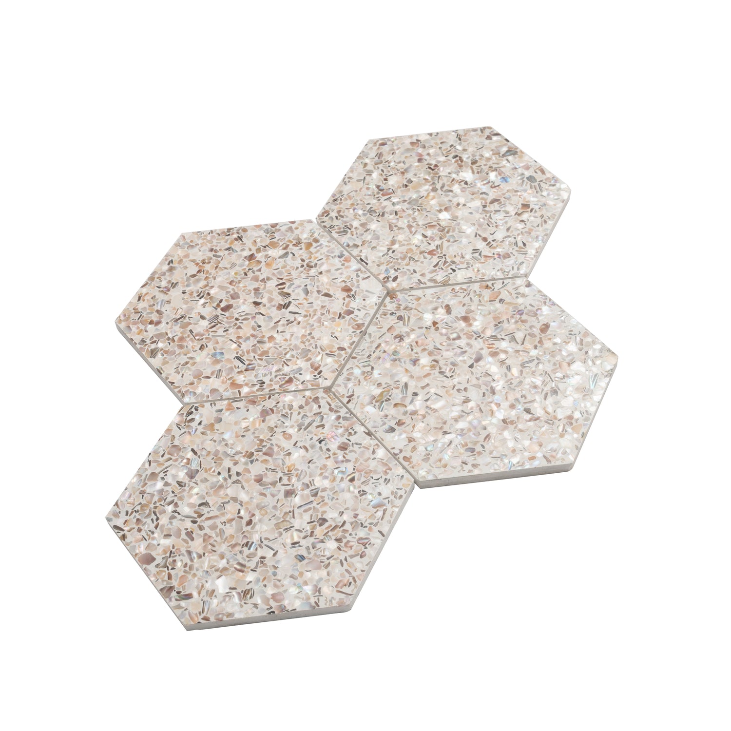 Glossy ivory white terrazzo hexagon tile with copper flecks 9x8 inches shell finish