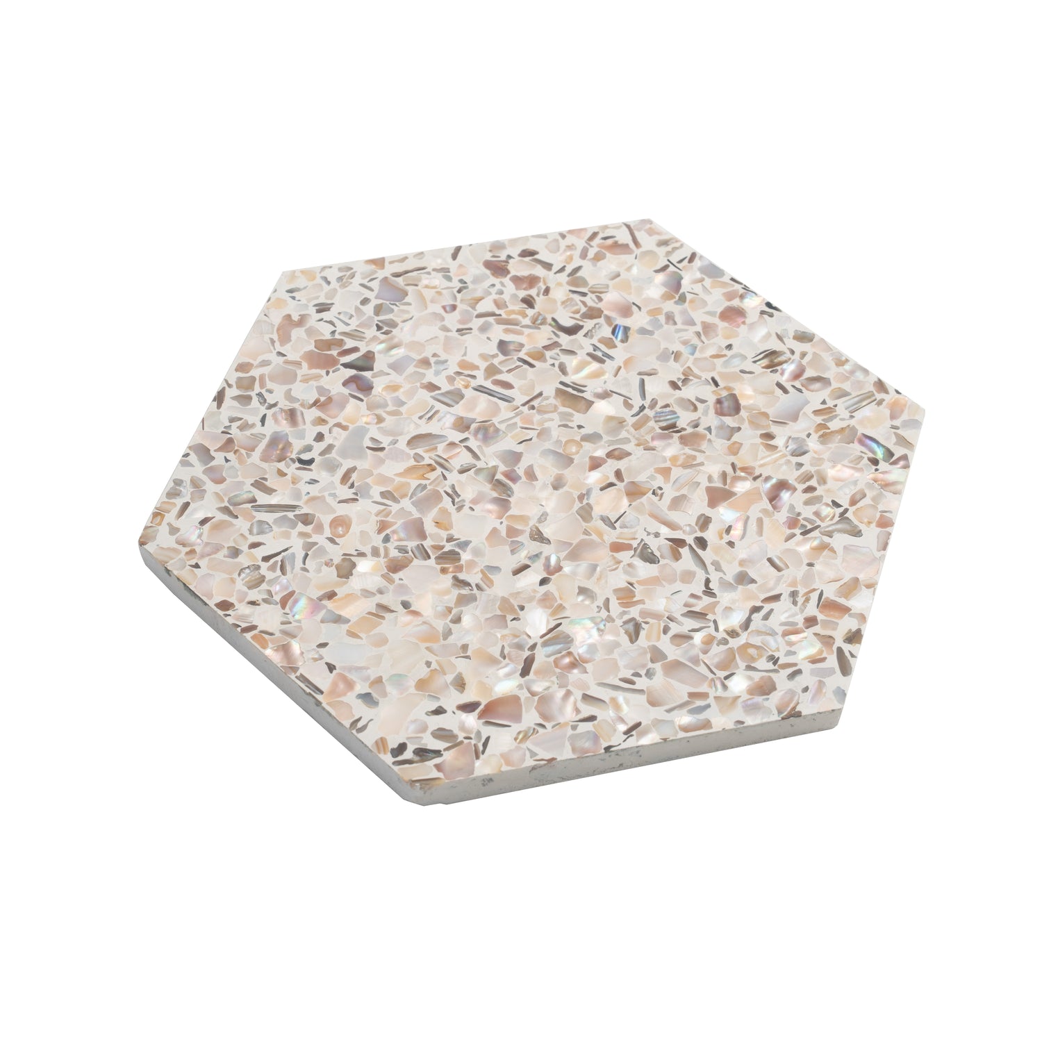 Glossy ivory white terrazzo hexagon tiles with copper flecks and shell pieces, 9x8 inches