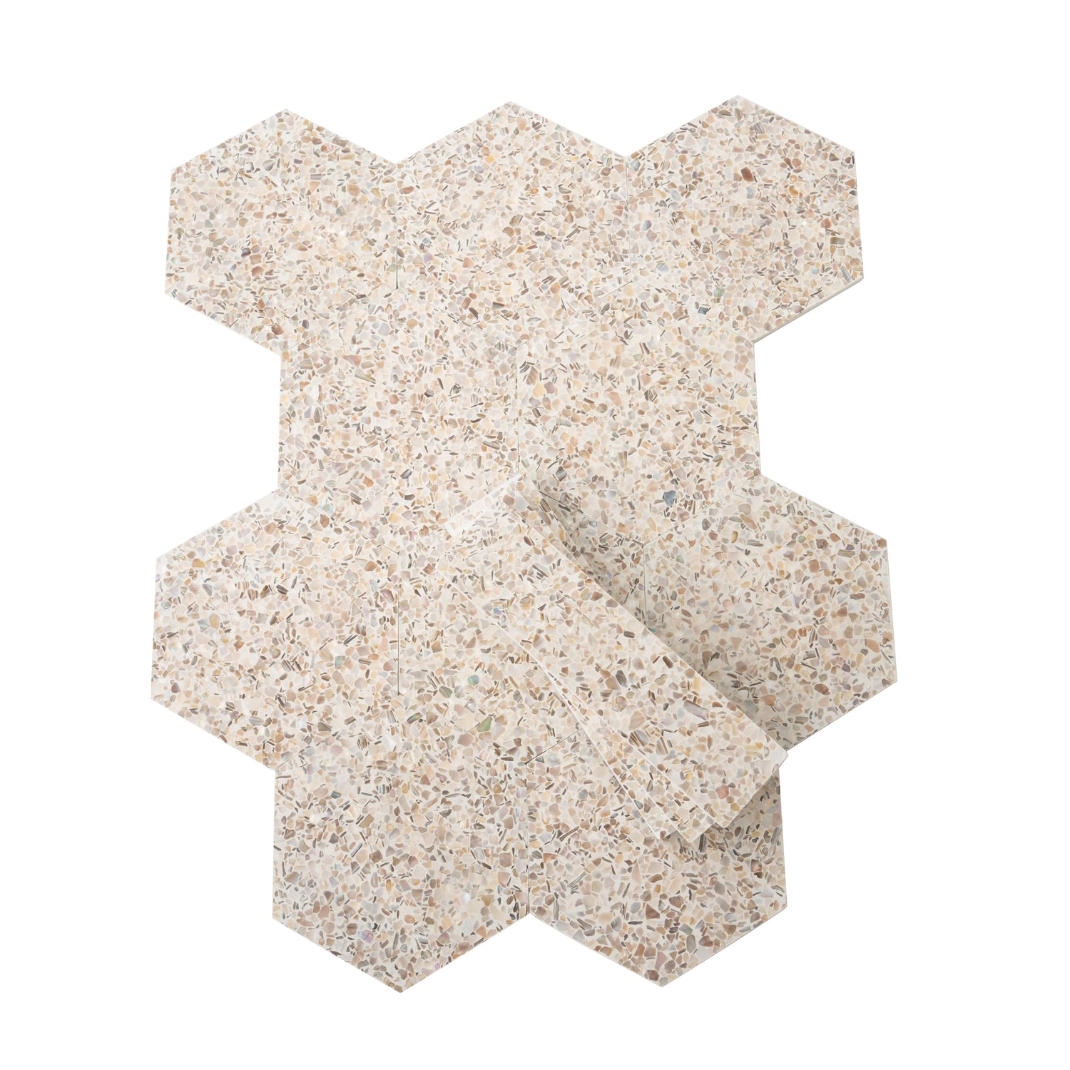 Glossy hexagon terrazzo tile in ivory white with copper flecks, 9x8 inches, sleek shell finish