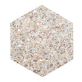 Glossy hexagon terrazzo tile with ivory white base and copper shell flecks, 9x8 inches