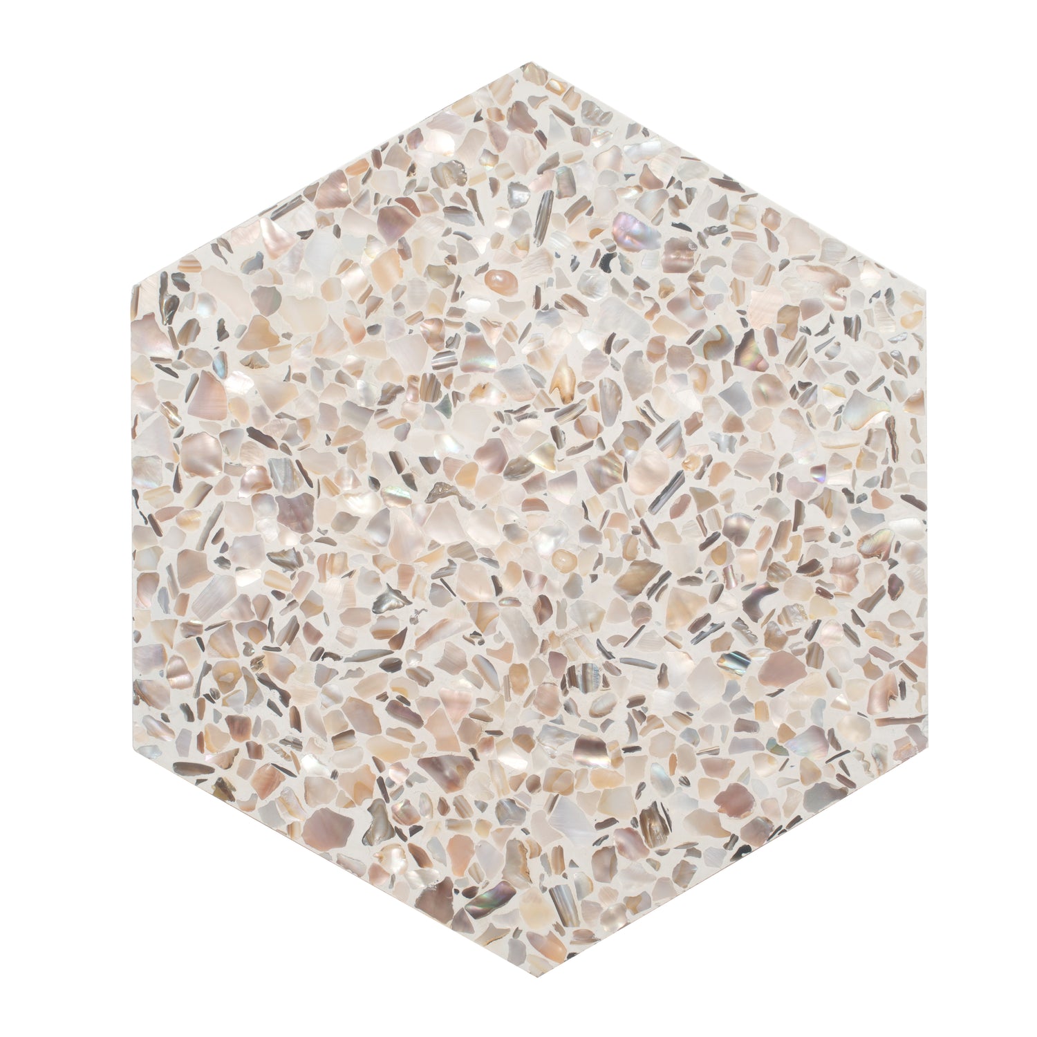 Glossy hexagon terrazzo tile with ivory white base and copper shell flecks, 9x8 inches