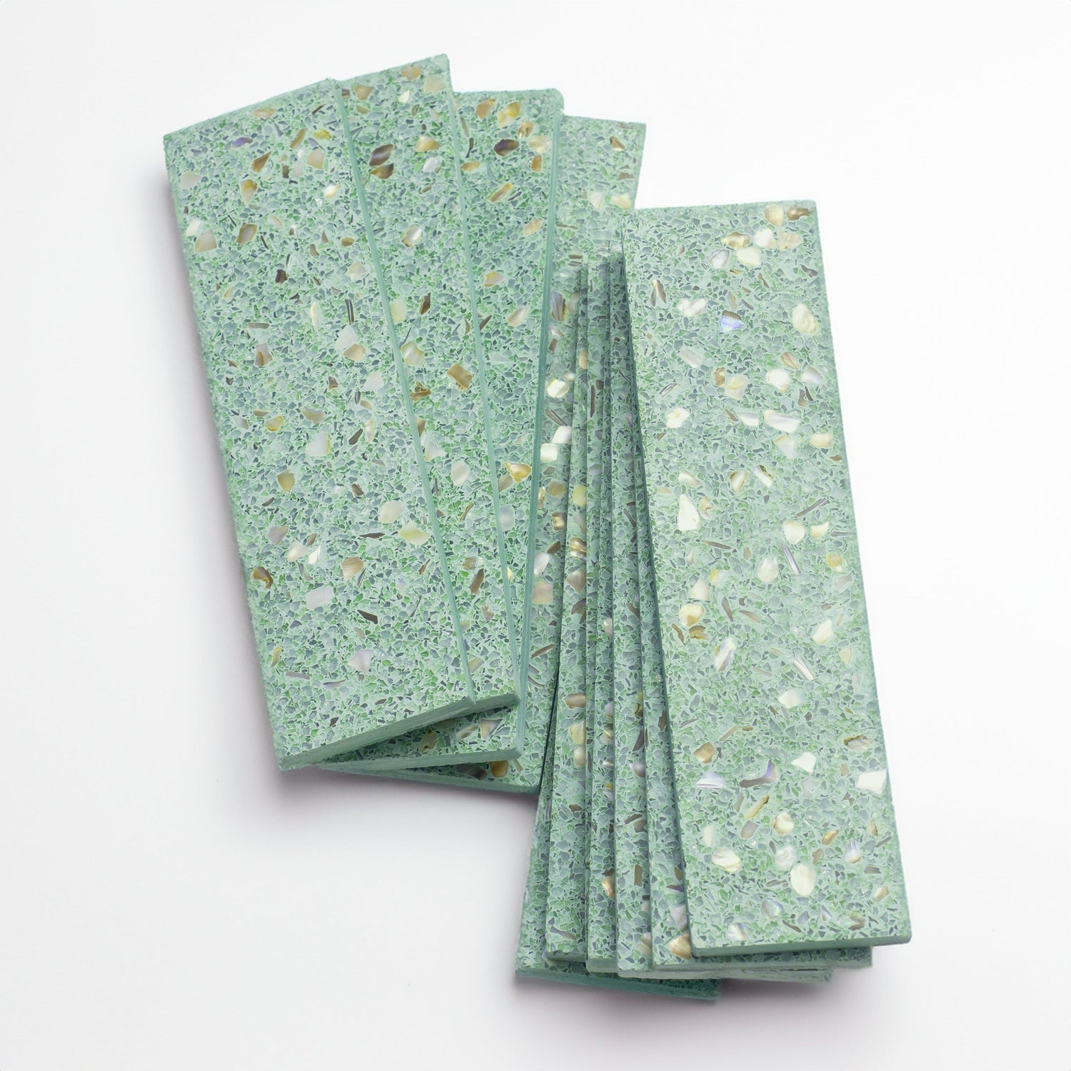 Sample - Mint Green with Copper flecks 3x12 Glossy Shell, Terrazzo Elongated Subway Tile (5 sq ft/case, 20-Pack)