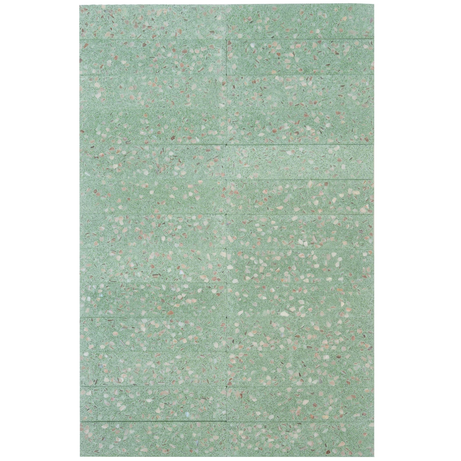 Mint green terrazzo elongated subway tiles with copper flecks in glossy 3x12 shell design