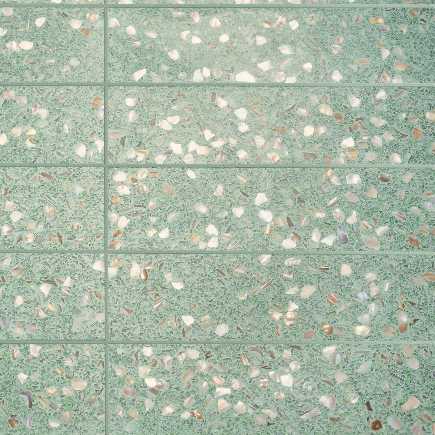 Sample - Mint Green with Copper flecks 3x12 Glossy Shell, Terrazzo Elongated Subway Tile (5 sq ft/case, 20-Pack)