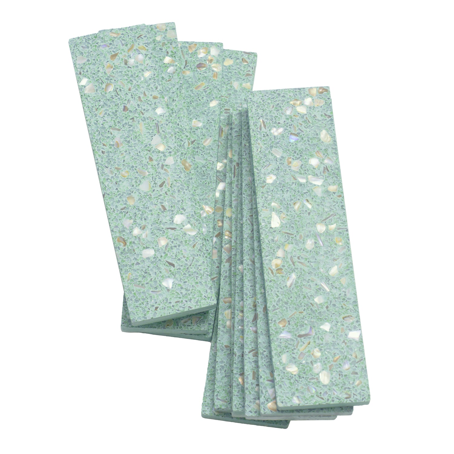 Mint green terrazzo elongated subway tile with copper flecks and glossy shell finish 3x12 size