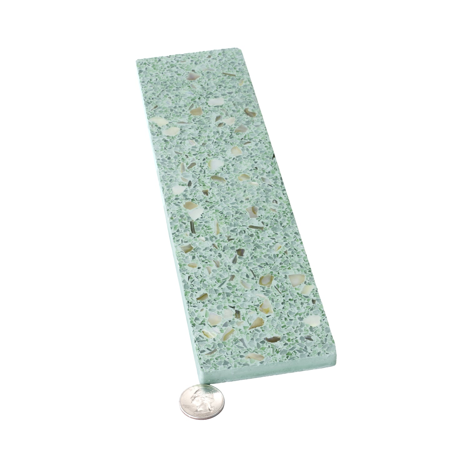 mint green terrazzo subway tile with copper flecks 3x12 glossy elongated shell pattern