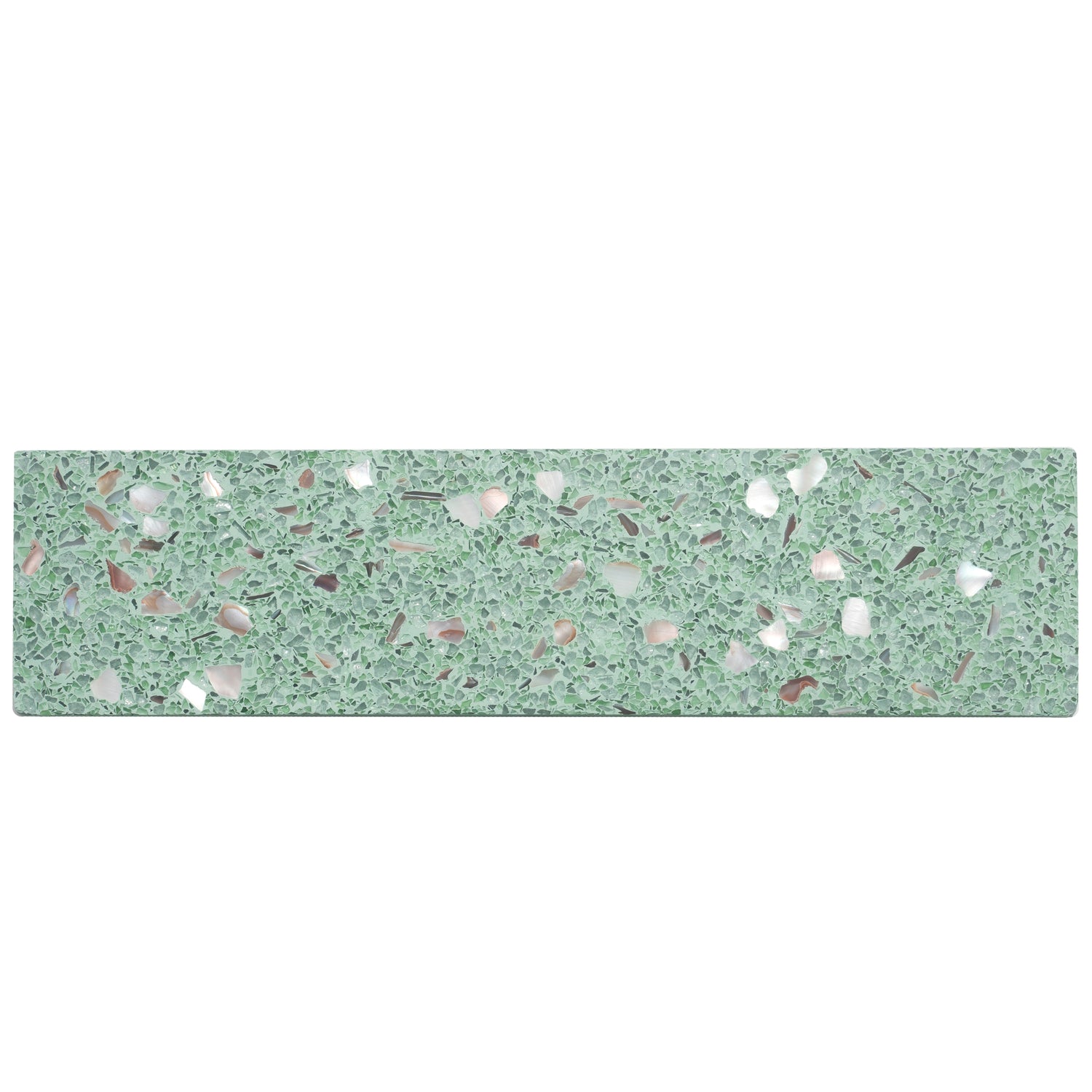 Mint green glossy terrazzo elongated subway tile with copper flecks and shell fragments