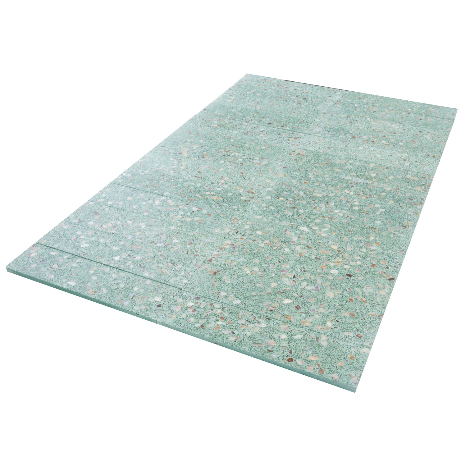 glossy mint green terrazzo elongated subway tiles with copper flecks in 3x12 size