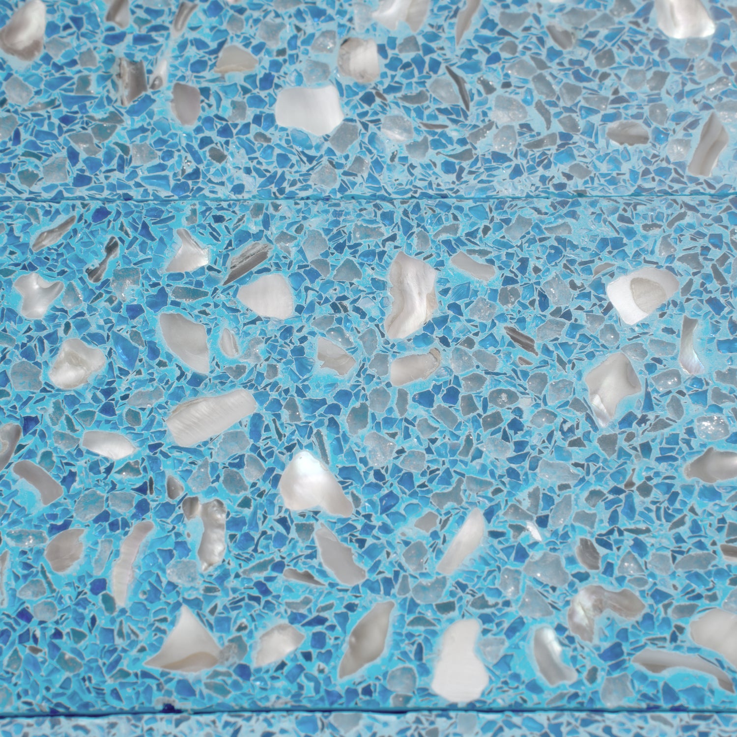 Glossy yosemite blue terrazzo elongated subway tile with shell and copper flecks, 3x12 inch