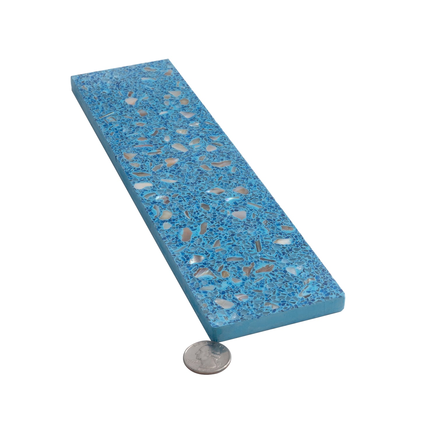 Glossy Yosemite blue terrazzo elongated subway tile with copper flecks 3x12 size