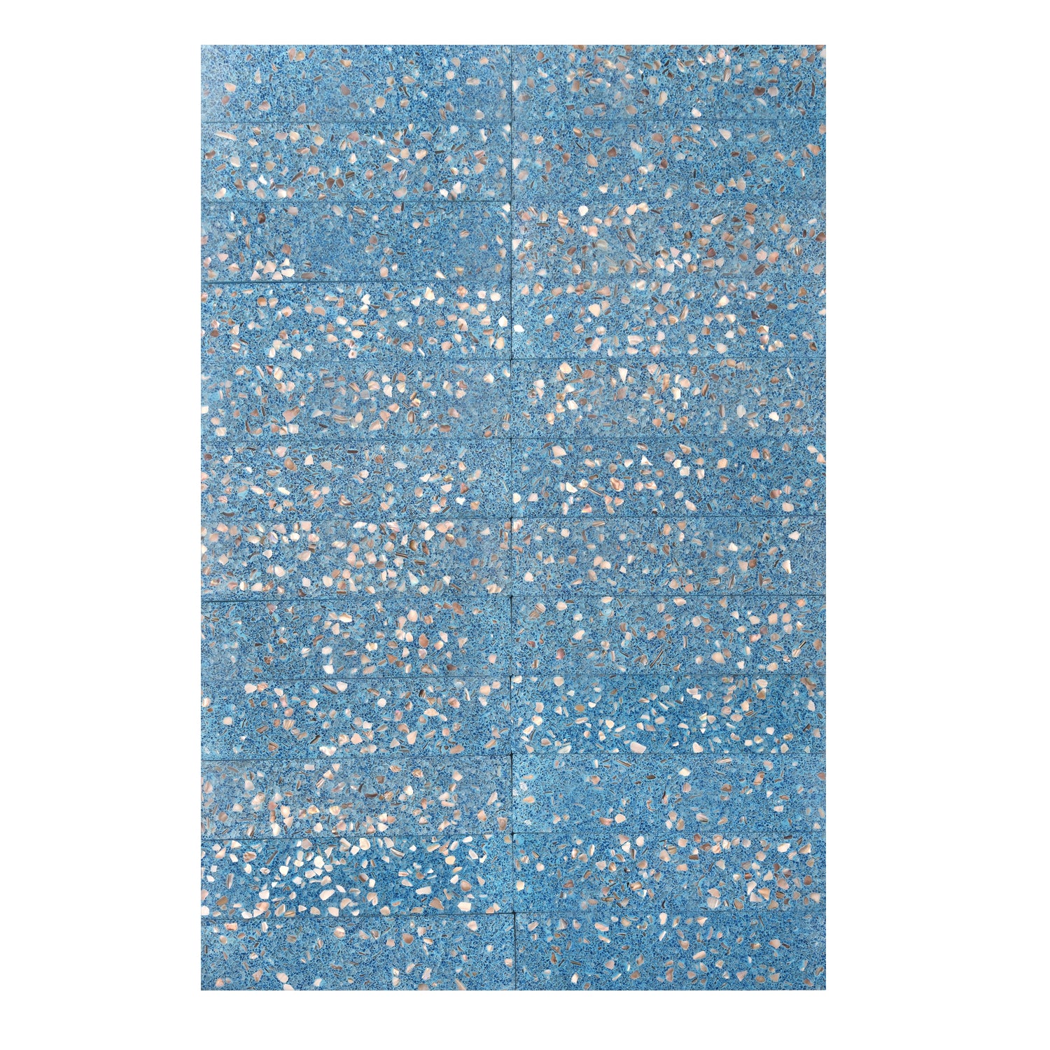 Glossy Yosemite blue terrazzo elongated subway tile with copper flecks and shell pieces, 3x12 size
