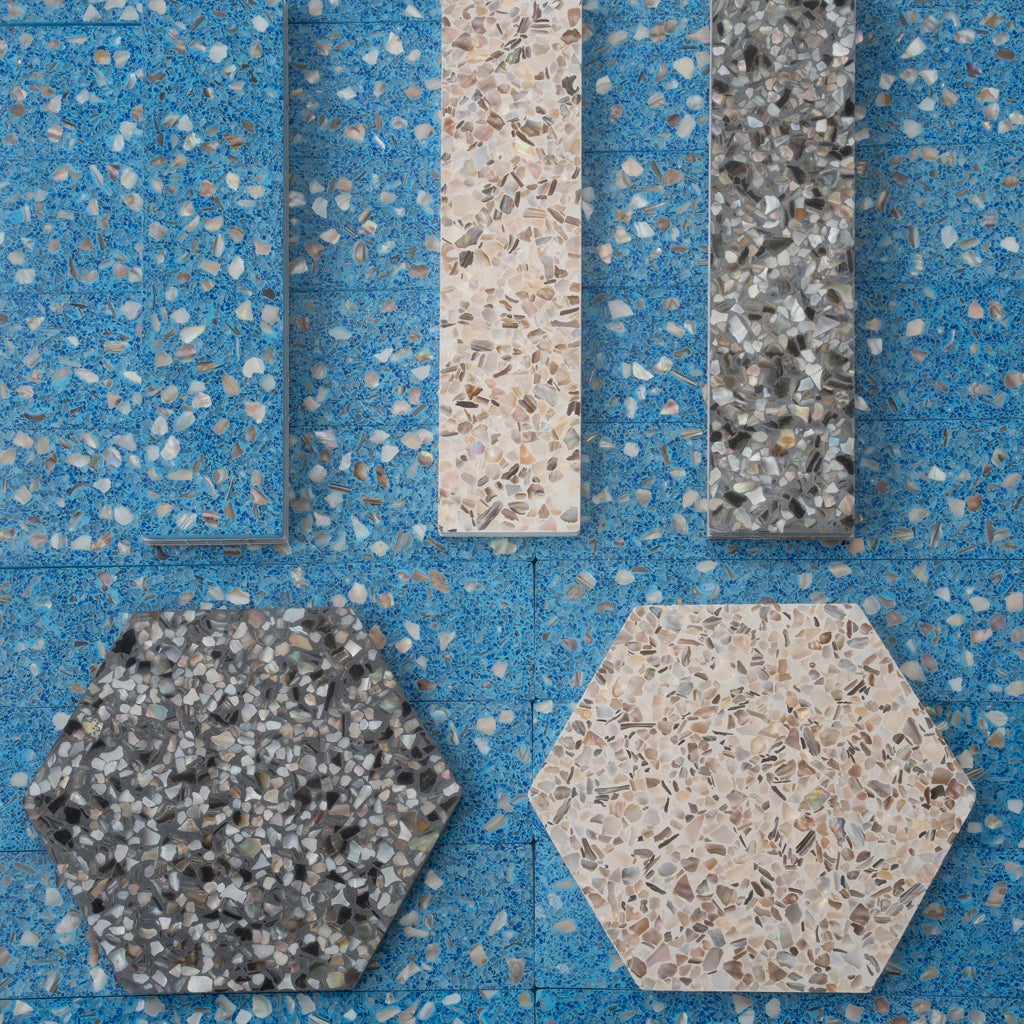 Sample - Yosemite Blue with Copper flecks 3x12 Glossy Shell, Terrazzo Elongated Subway Tile (5 sq ft/case, 20-Pack)