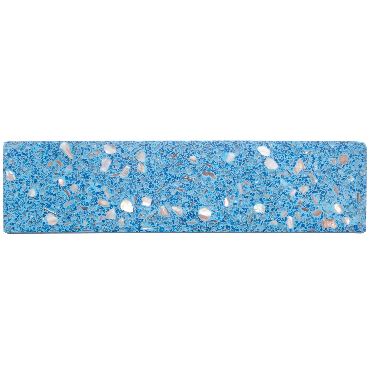 3x12 glossy blue terrazzo subway tile with copper flecks and shell pieces 5 sq ft case