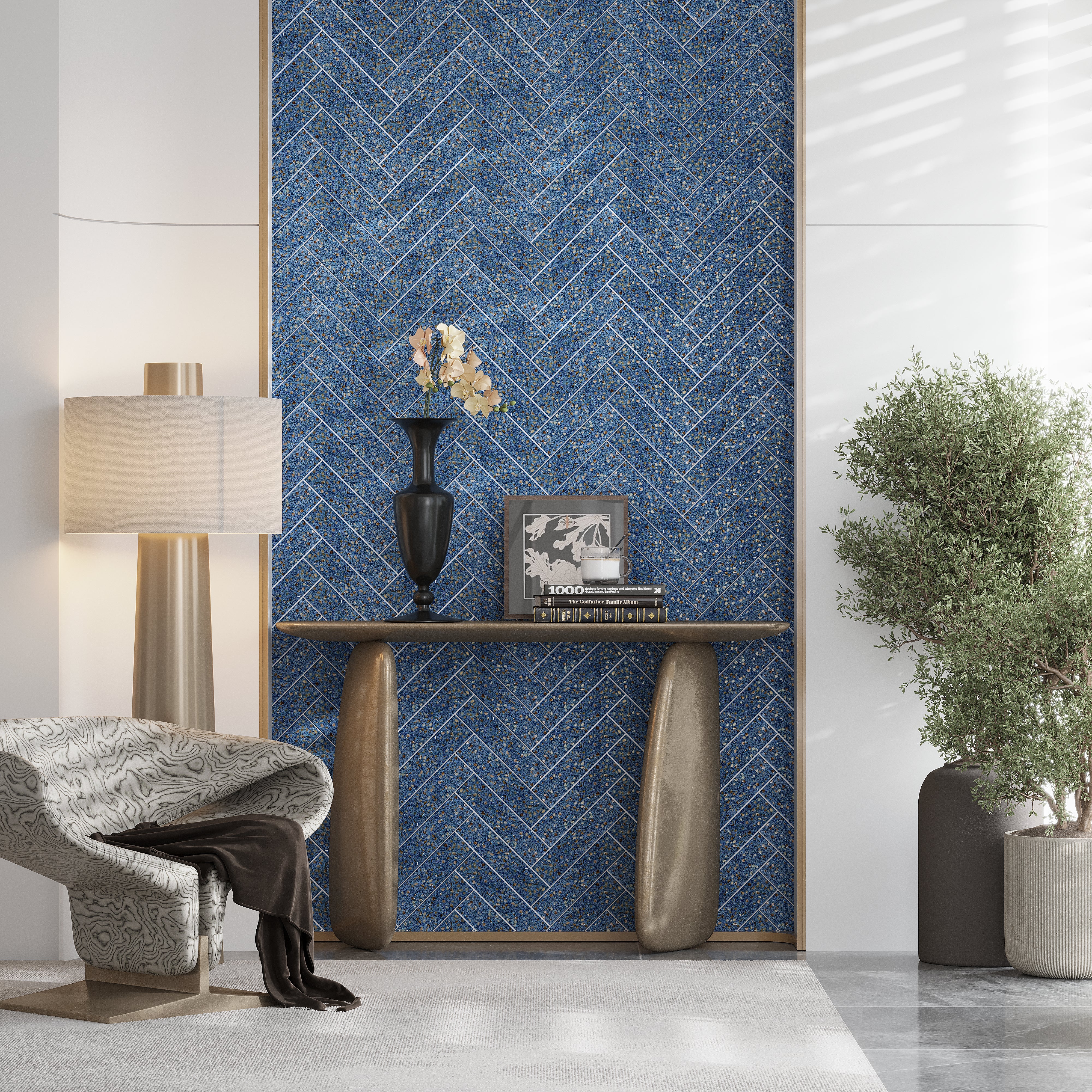 Yosemite Blue with Copper flecks 3x12 Glossy Shell, Terrazzo