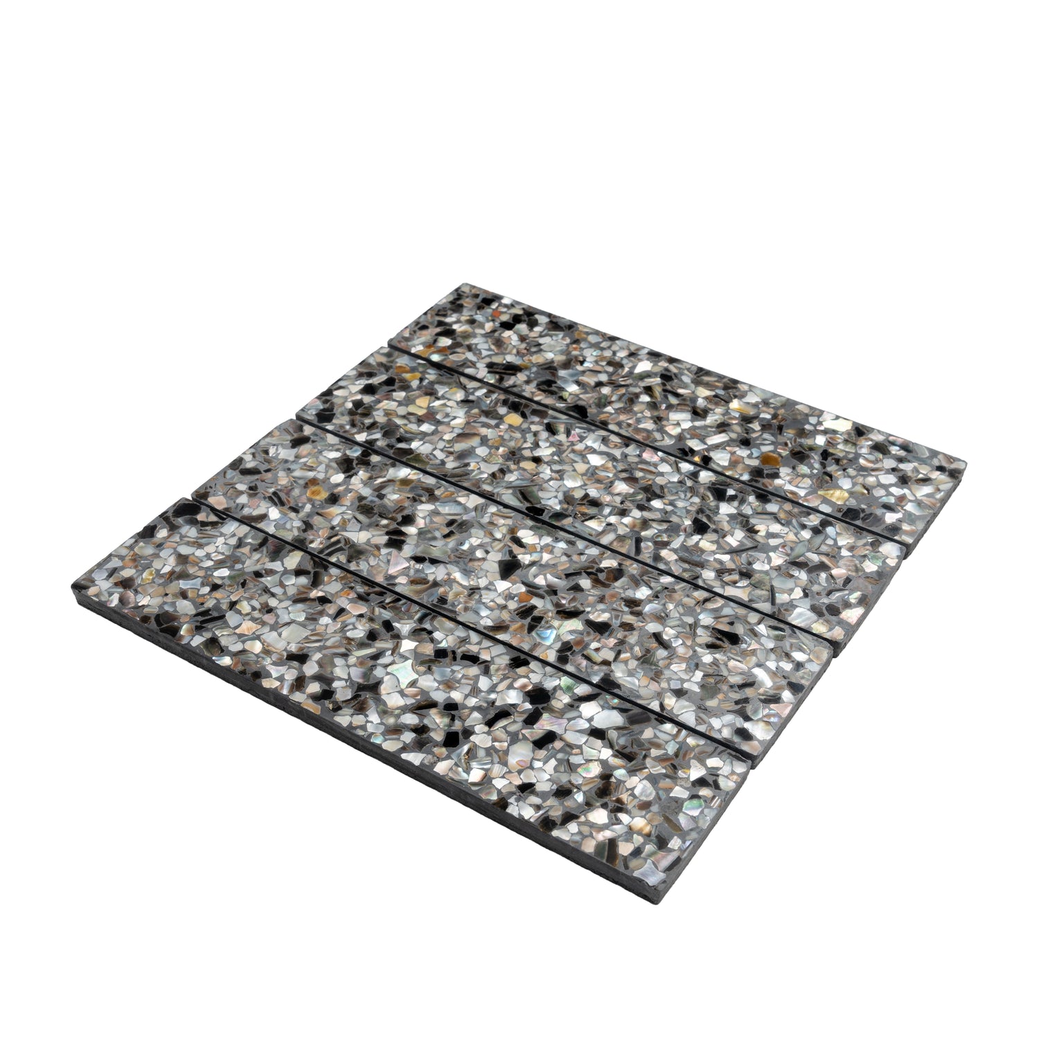 Glossy black terrazzo elongated subway tile with amber pearl flecks 3x12 size