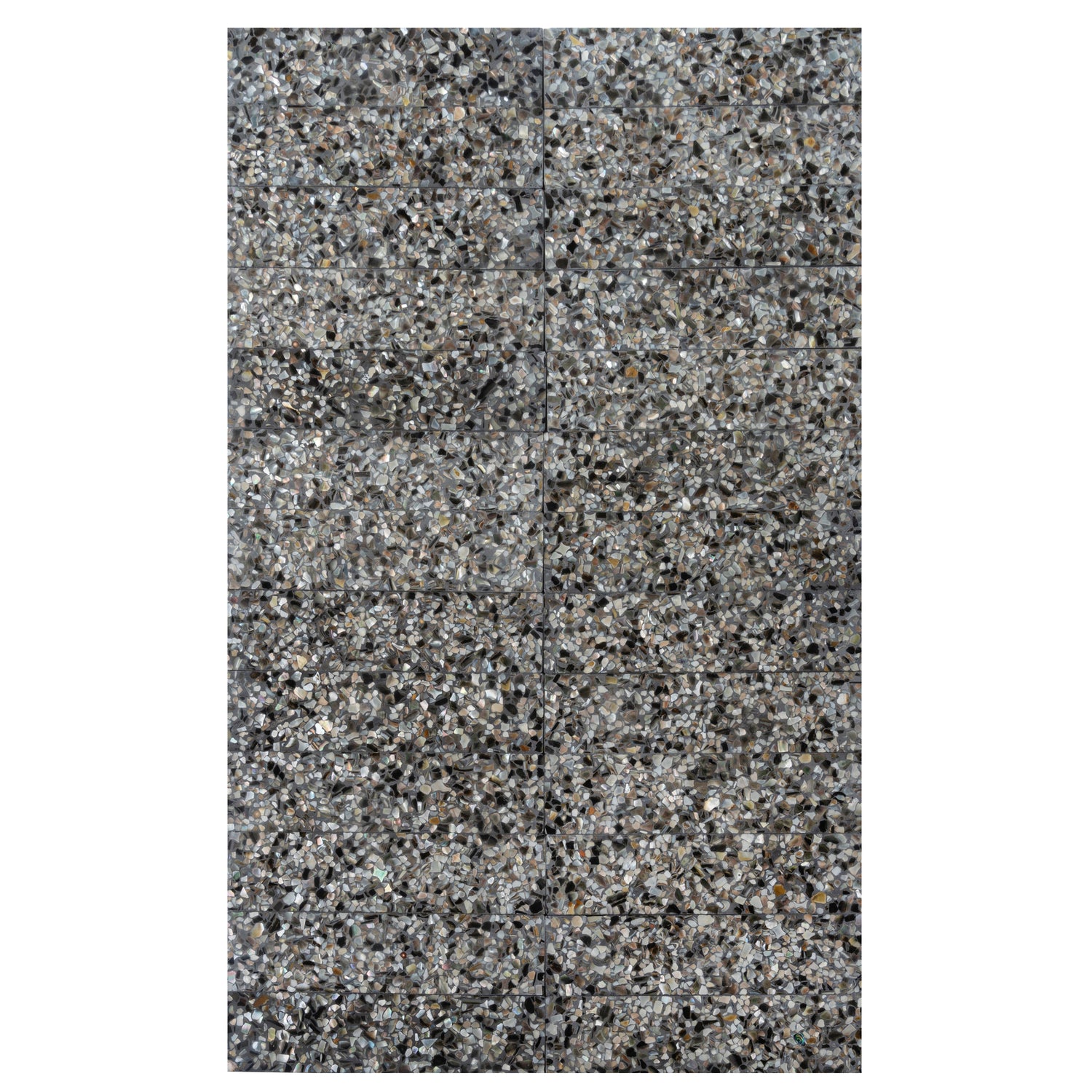 Glossy black terrazzo subway tile with amber pearl flecks in 3x12 elongated shell shape
