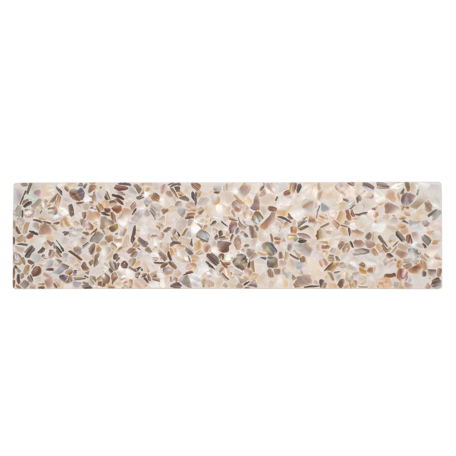 Glossy ivory white 3x12 terrazzo subway tile with copper flecks and shell pieces