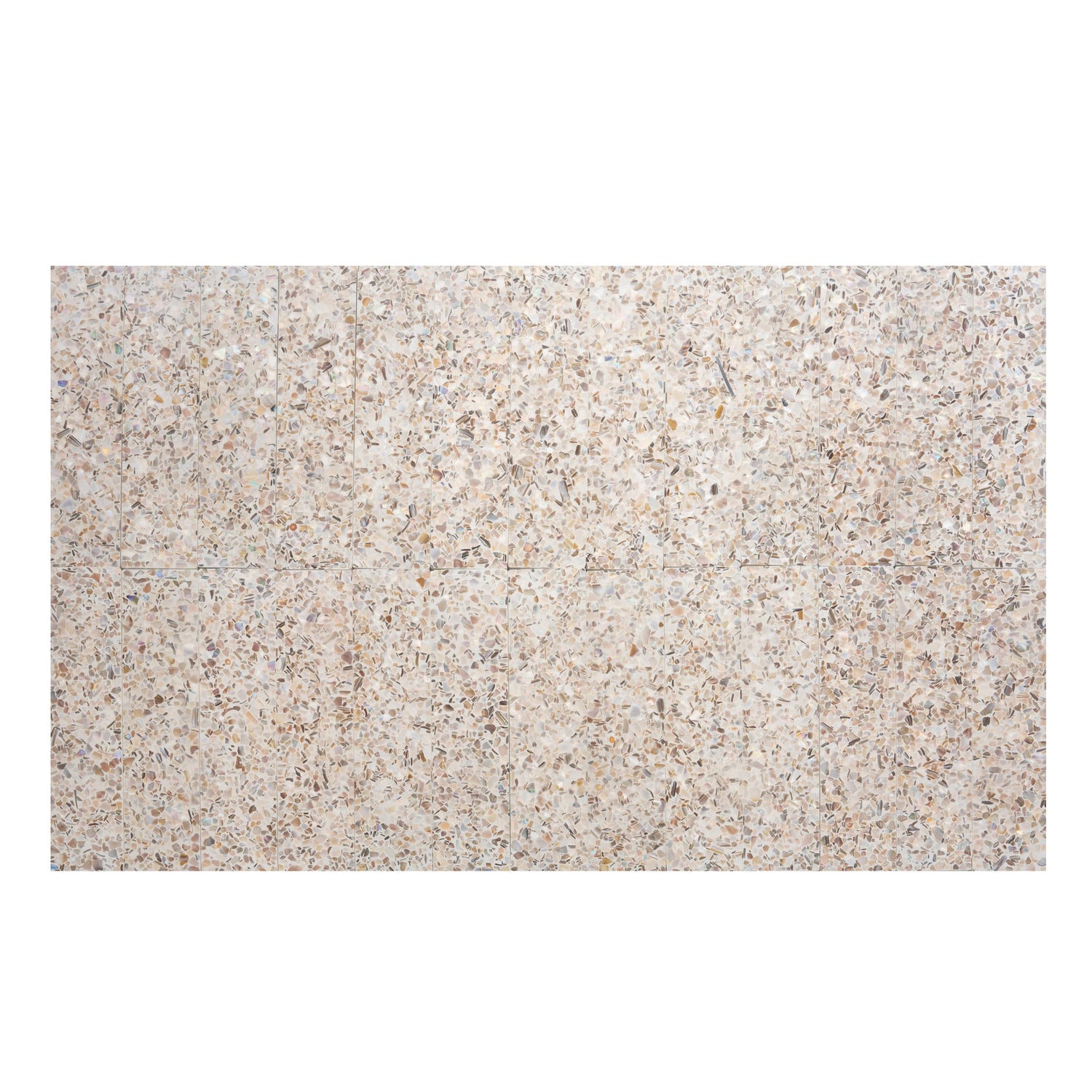 Ivory white terrazzo elongated subway tile with copper flecks in glossy 3x12 shell finish
