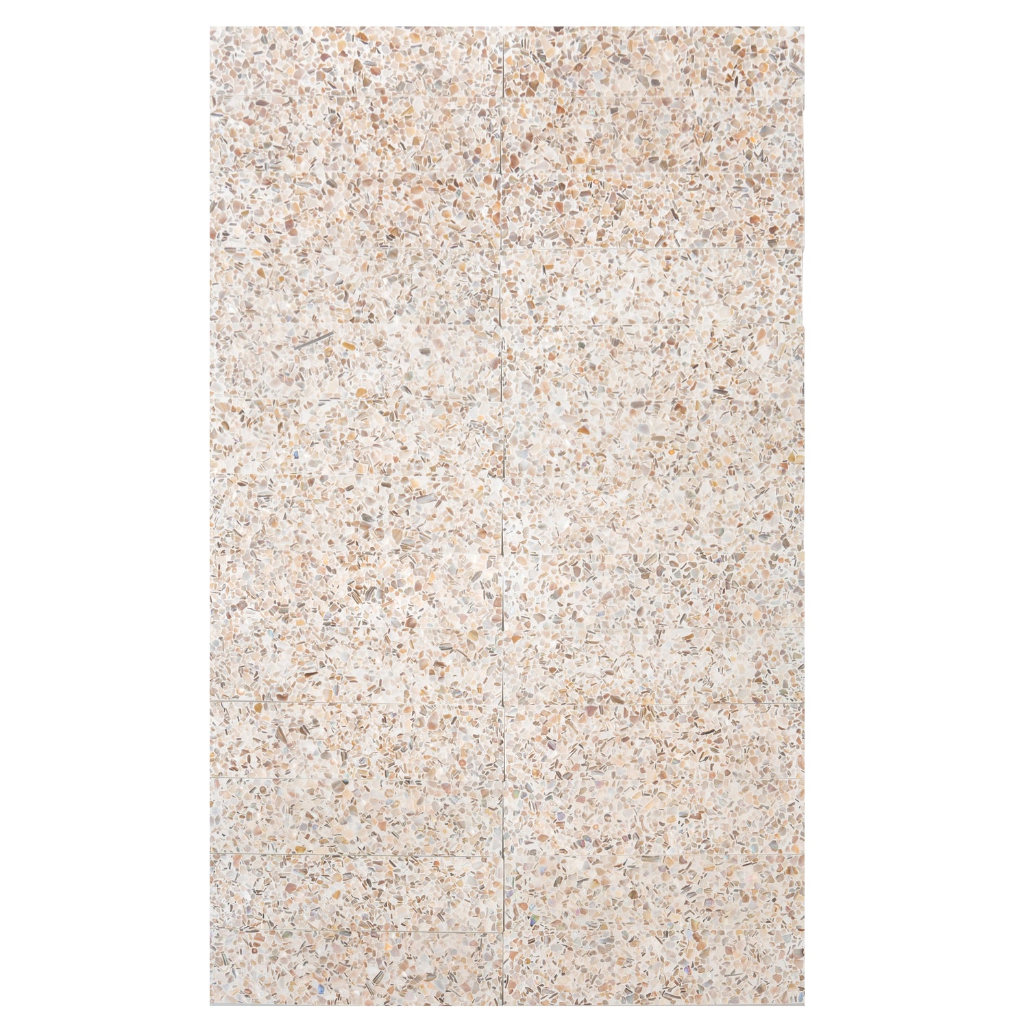 Ivory white terrazzo elongated subway tile with copper flecks in 3x12 glossy finish