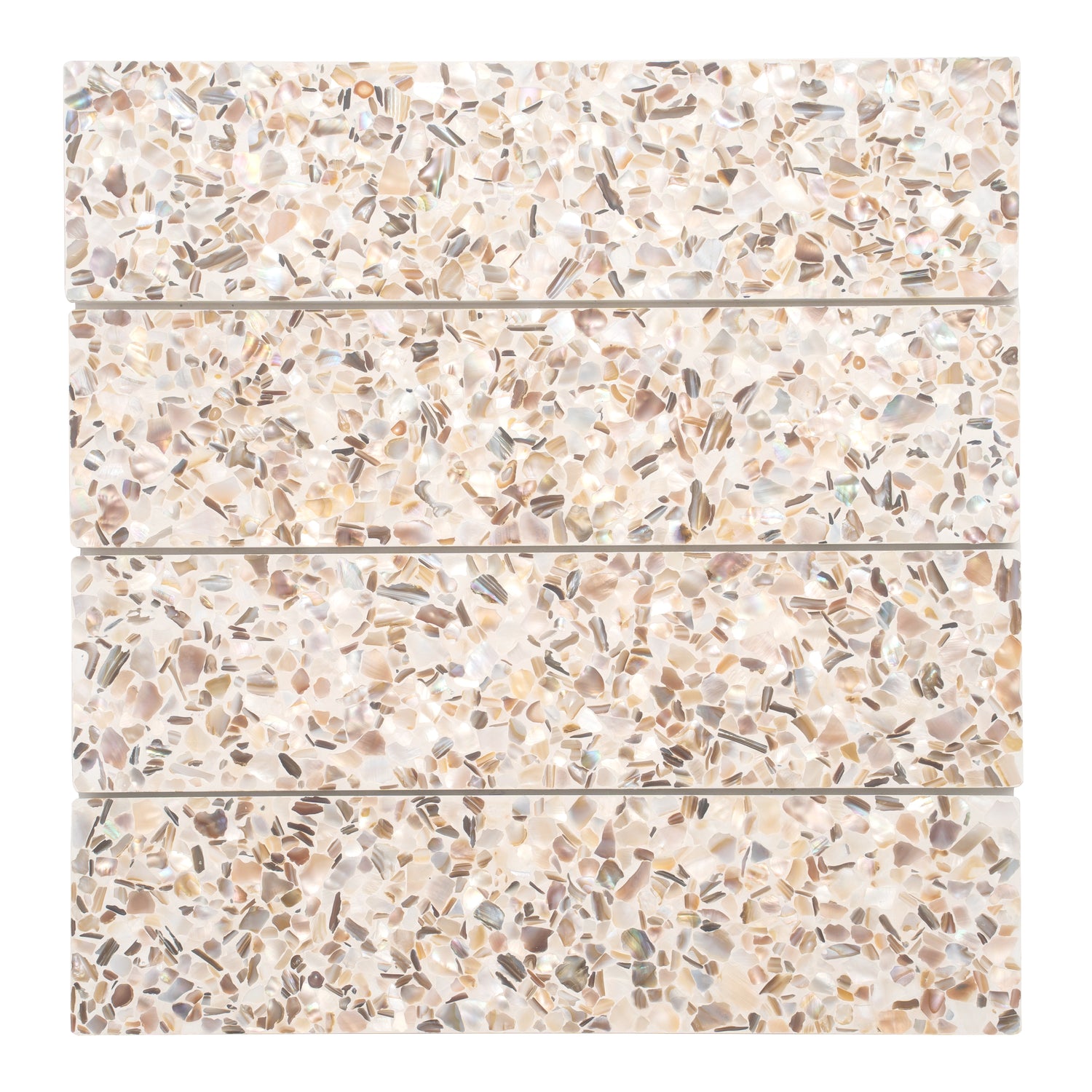 Glossy ivory white terrazzo elongated subway tile with copper flecks in 3x12 size
