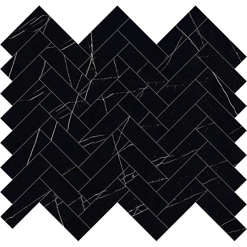 Black Marquina 11x12 Polished Herringbone Porcelain Mosaic Tile (5 pack, 4.76 sq ft/case)