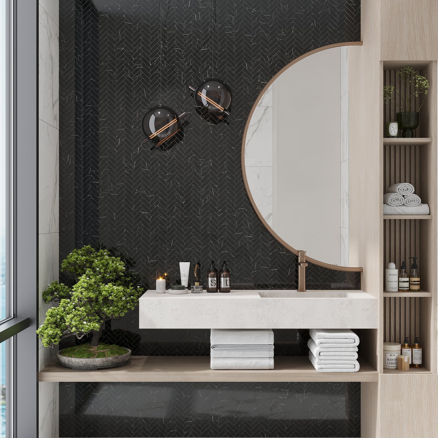 Black Marquina 11x12 Polished Herringbone Porcelain Mosaic Tile (5 pack, 4.76 sq ft/case)