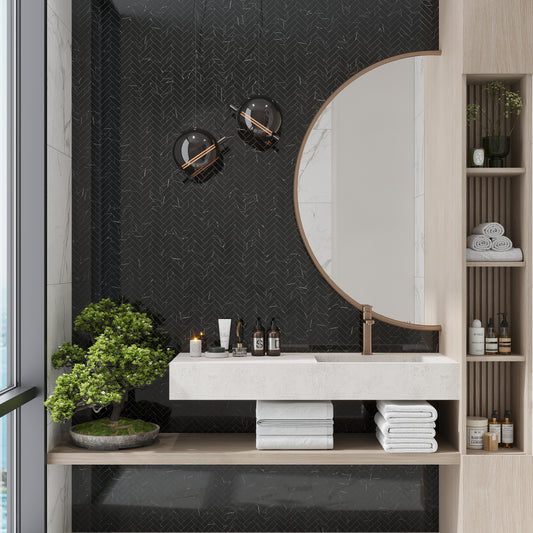 Black Marquina 11x12 Polished Herringbone Porcelain Mosaic Tile (5 pack, 4.76 sq ft/case)