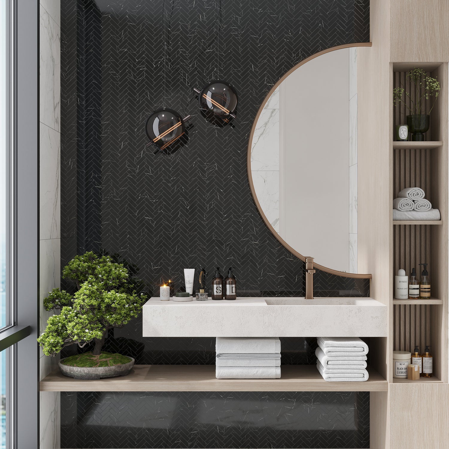 Black Marquina 11x12 Polished Herringbone Porcelain Mosaic Tile (5 pack, 4.76 sq ft/case) - Sample