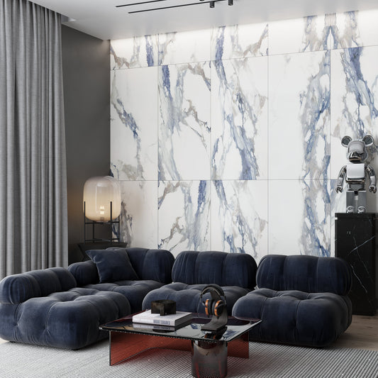 Sample-White with Blue-Gray 24x48 Polished Porcelain Large Format Tile (2 pack, 15.5 sq ft/case)