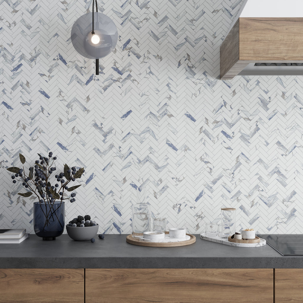 White with Blue-Gray 11x12 Polished Herringbone Porcelain Mosaic Tile (5 pack, 4.76 sq ft/case) - Sample