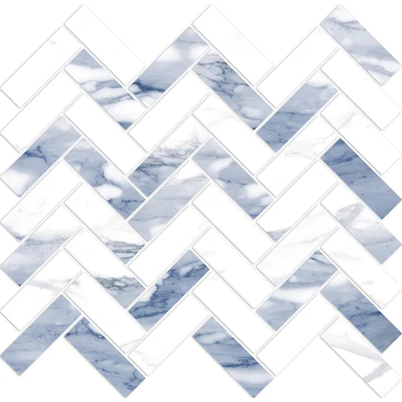 White with Blue-Gray 11x12 Polished Herringbone Porcelain Mosaic Tile (5 pack, 4.76 sq ft/case) - Sample