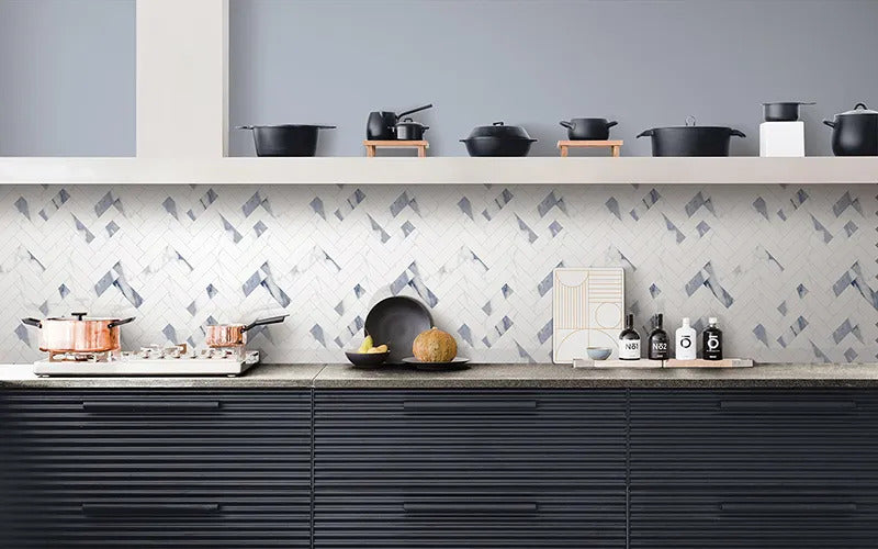 White with Blue-Gray 11x12 Polished Herringbone Porcelain Mosaic Tile (5 pack, 4.76 sq ft/case) - Sample