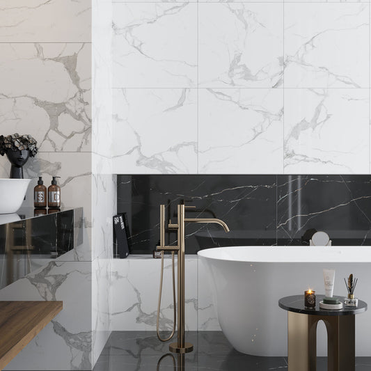 Sample-Statuary White 24x24 Polished Square Porcelain Large Format Tile (4 pack, 15.5 sq ft/case)