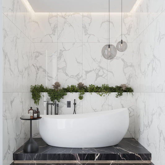 Sample-Statuary White 24x48 Polished Porcelain Large Format Tile (2 pack, 15.5 sq ft/case)