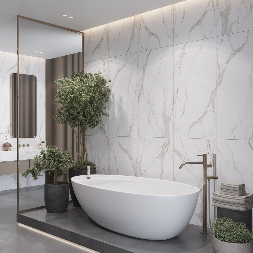 White with Gray-Gold 24x48 Polished Porcelain Large Format Tile (2 pack, 15.5 sq ft/case)