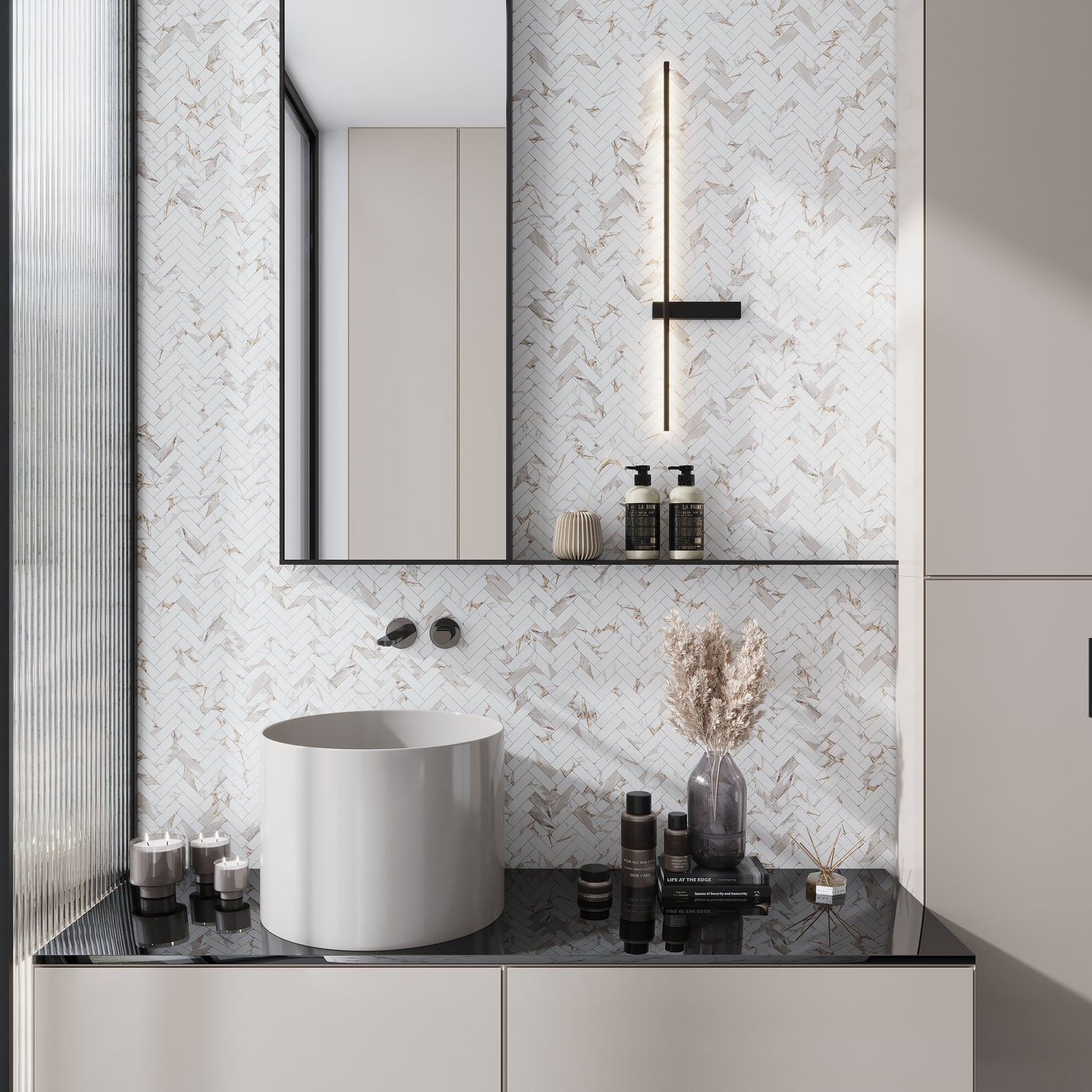 White with Gray-Gold 11x12 Polished Herringbone Porcelain Mosaic Tile (5 pack, 4.76 sq ft/case) - Sample