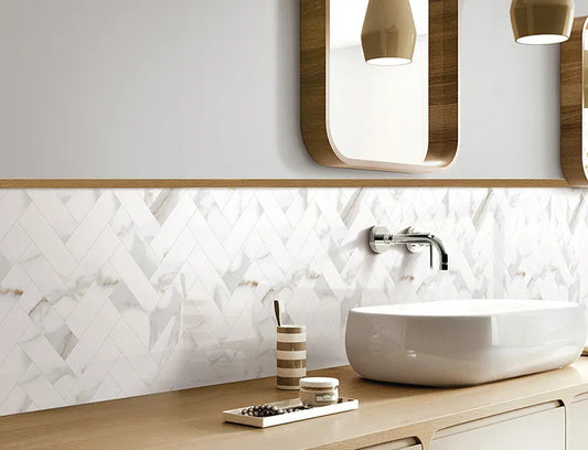 White with Gray-Gold 11x12 Polished Herringbone Porcelain Mosaic Tile (5 pack, 4.76 sq ft/case)