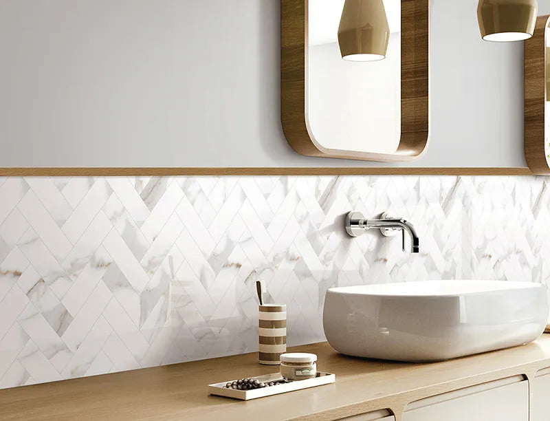 White with Gray-Gold 11x12 Polished Herringbone Porcelain Mosaic Tile (5 pack, 4.76 sq ft/case) - Sample