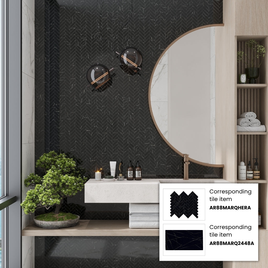Black Marquina 11x12 Polished Herringbone Porcelain Mosaic Tile (5 pack, 4.76 sq ft/case)