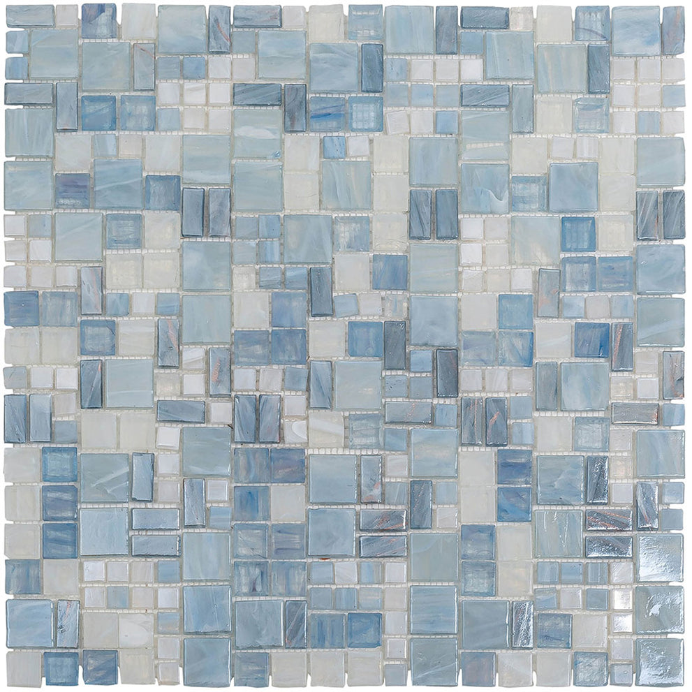 Light blue glossy glass tile in a square mosaic bathroom backsplash pattern