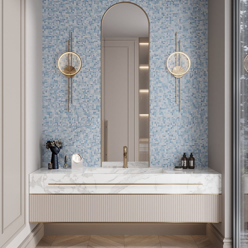 Light blue glossy glass tile in square mosaic pattern