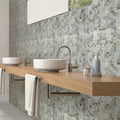 Glossy pearl white square glass mosaic tile, 12x12, installed on bathroom wall