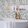 White beige 12x12 glossy square glass mosaic tile installed on bathroom wall and shower backsplash