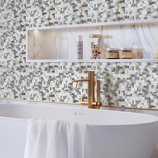 White beige 12x12 glossy square glass mosaic tile installed on bathroom wall and shower backsplash