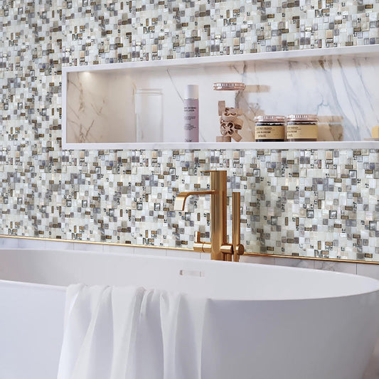 White Beige 12x12 Glossy Square Glass Mosaic Tile (10 pack, 10.85 sq ft/case) - Sample