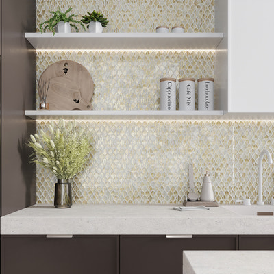 Glossy gold and white glass fish scale mosaic tile backsplash in kitchen installation, 11x11 inches